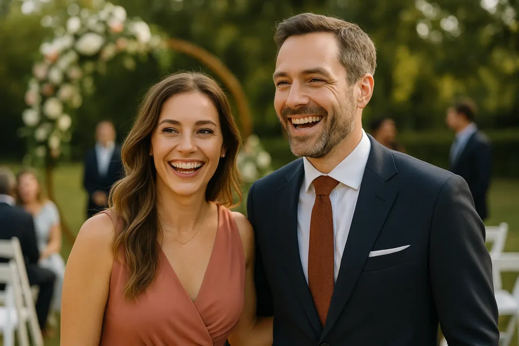 Elegant gekleidetes Paar lacht auf einer Hochzeit im Freien – stilvolle Szene mit Lebensfreude und Charme.