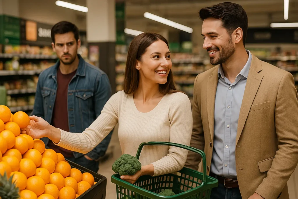 Frau lächelt charmant im Supermarkt neben einem attraktiven Begleiter, während ihr Ex sie im Hintergrund beobachtet – subtile Szene, die verdeutlicht: Einen Mann eifersüchtig machen.