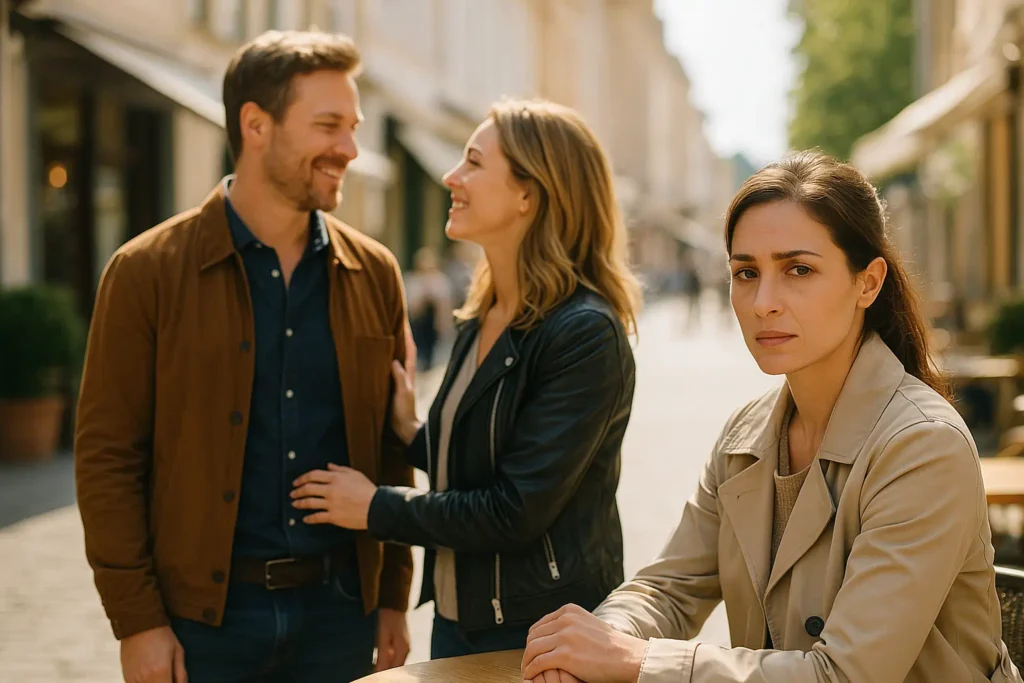 Eine Frau spricht mit einem Mann in der Stadt, während eine dritte Person sie aus der Ferne beobachtet – Symbol für diskrete Treuetests und professionelle Lockvogel-Einsätze.