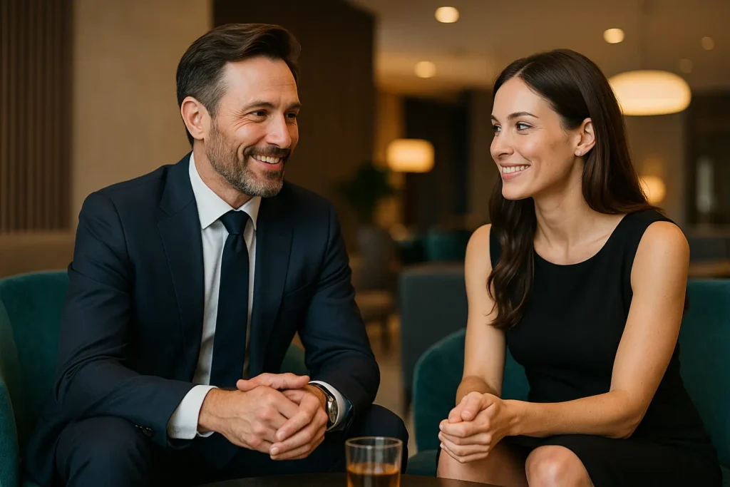 Manager mit professioneller Begleitung auf Geschäftsreise – moderner Stil, Vertrauen und internationale Präsenz.