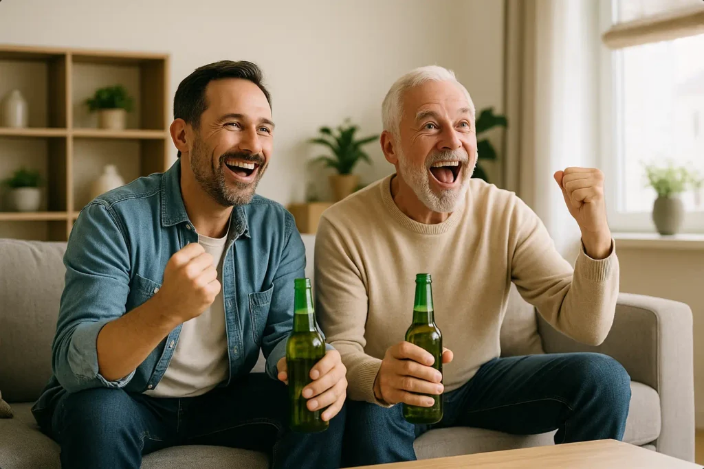 Zwei Freunde schauen gemeinsam Fußball.