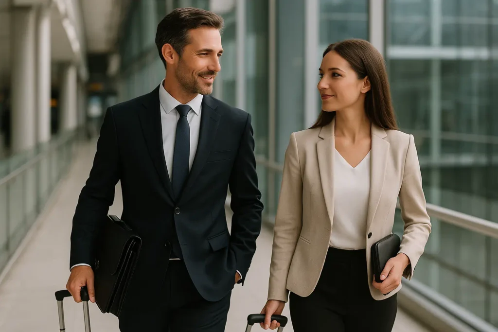 Manager mit professioneller Begleitung auf Geschäftsreise – moderner Stil, Vertrauen und internationale Präsenz.