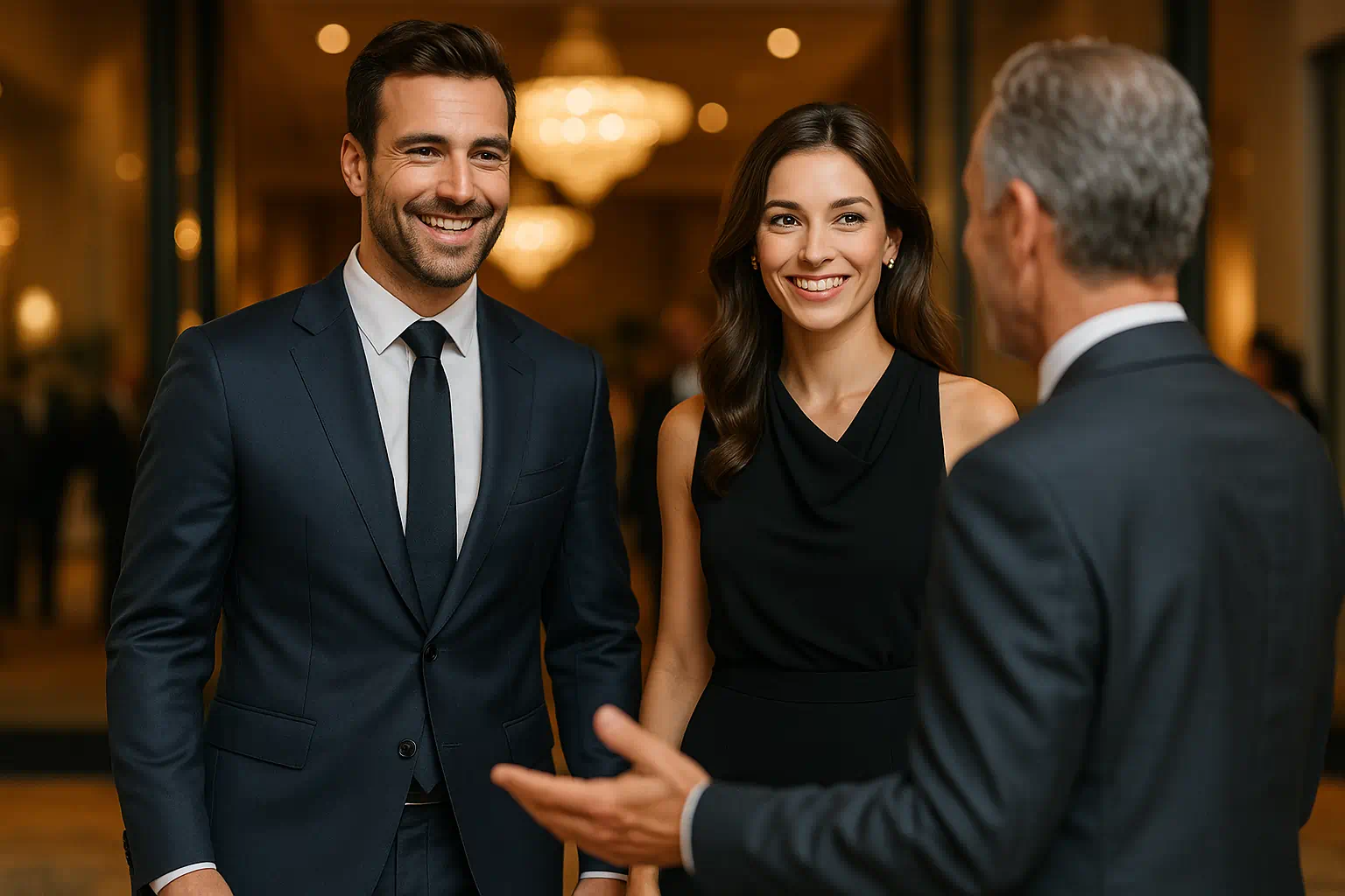Manager mit stilvoller Begleiterin auf einem Business-Empfang – souveränes Auftreten mit Klasse und Charme.