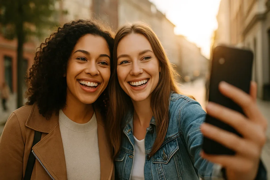 Zwei junge Frauen lachen gemeinsam und machen ein Selfie – Symbol für Freundschaft, Nähe und echte Begegnungen bei Rent a Friend.