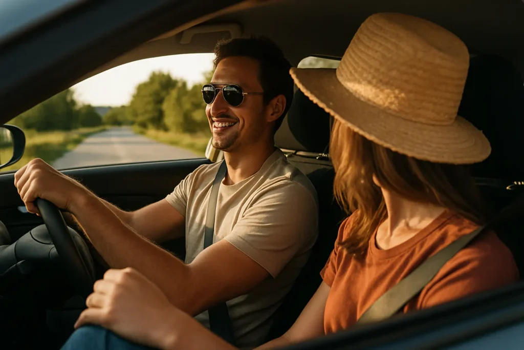 Mann mit Sonnenbrille im Auto auf Roadtrip, eine weibliche Begleitung nur angedeutet – Symbol für Freiheit, Neuanfang und unterschwellige Eifersucht.