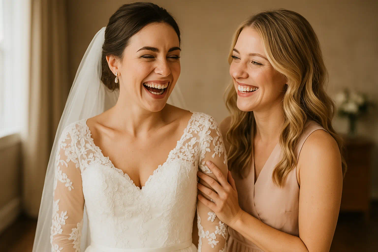 Braut und Trauzeugin lachen gemeinsam während der Hochzeitsvorbereitung – warme, emotionale Szene voller Vertrauen und Verbundenheit.