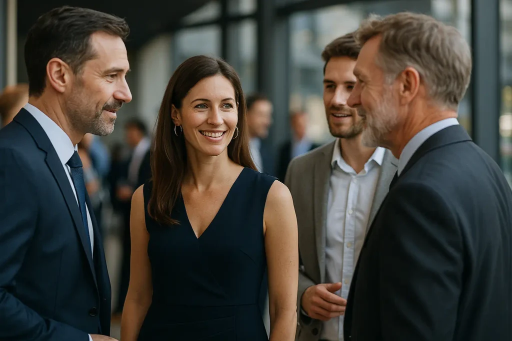 Professionelle Manager-Begleitung unterstützt Geschäftsmann auf Networking-Event – stilvoll, charmant und authentisch.
